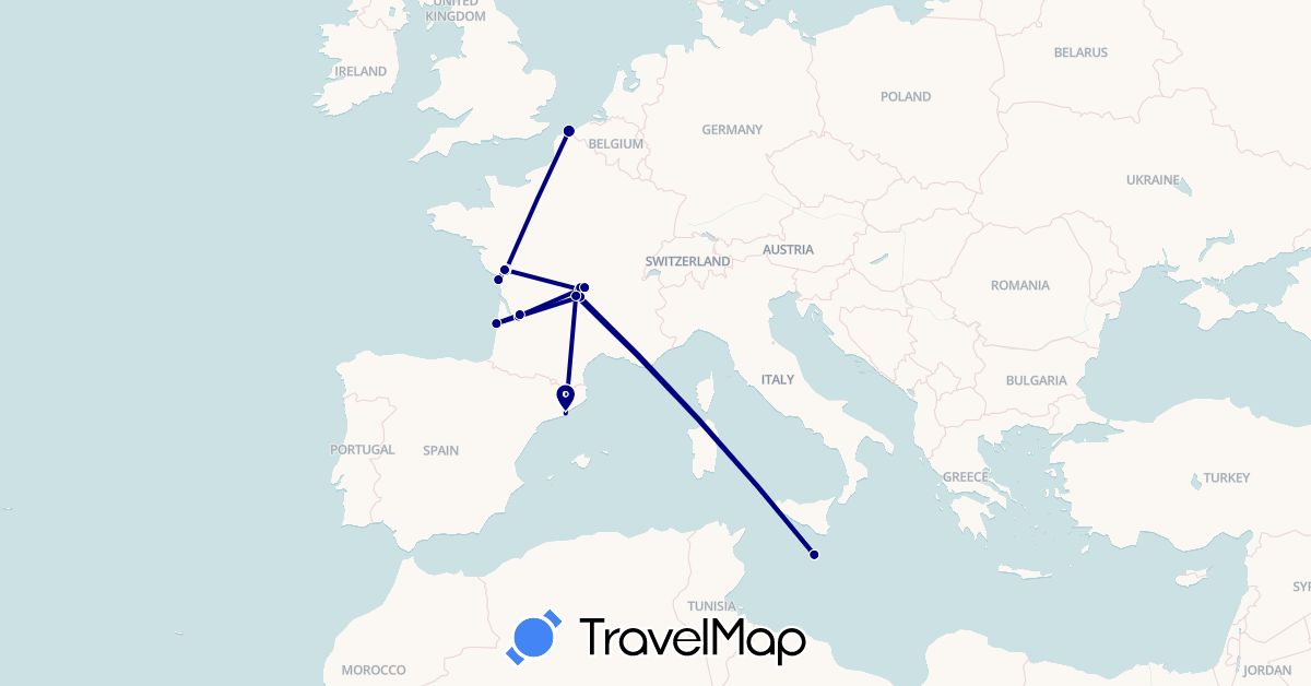 TravelMap itinerary: driving in Spain, France, Malta (Europe)