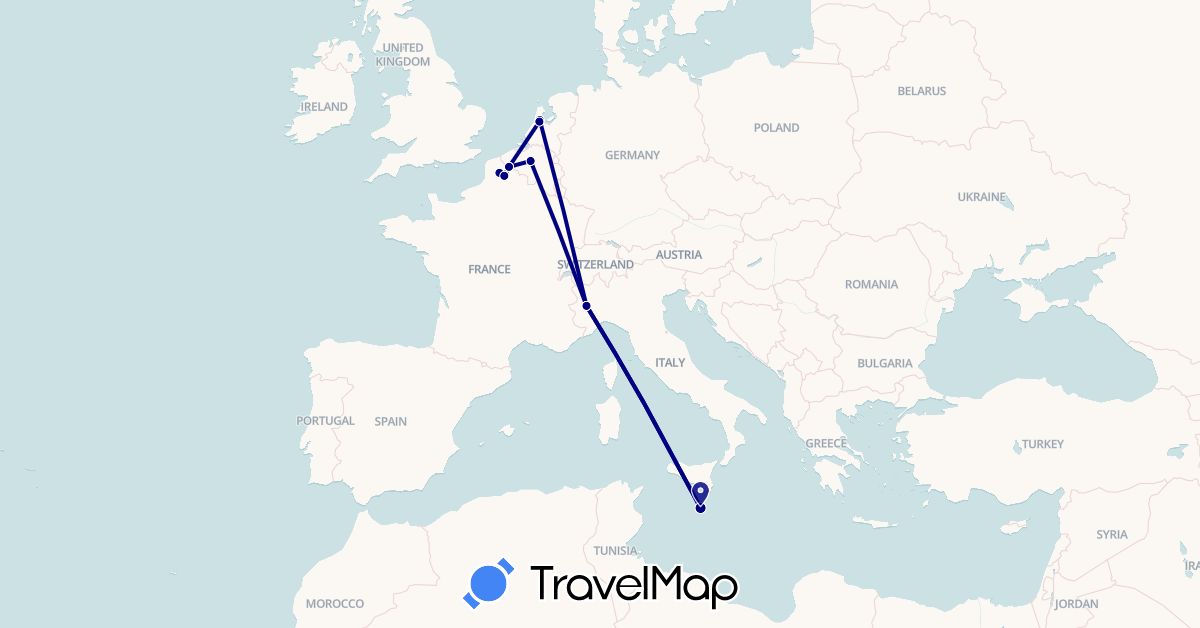 TravelMap itinerary: driving in Belgium, France, Italy, Malta, Netherlands (Europe)